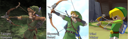 Wii「ゼルダの伝説 Skyward Sword」（The Legend of Zelda Skyward Sword）、Wii、GC「ゼルダの伝説 トワイライトプリンセス」、GC「ゼルダの伝説 風のタクト」の３つの比較